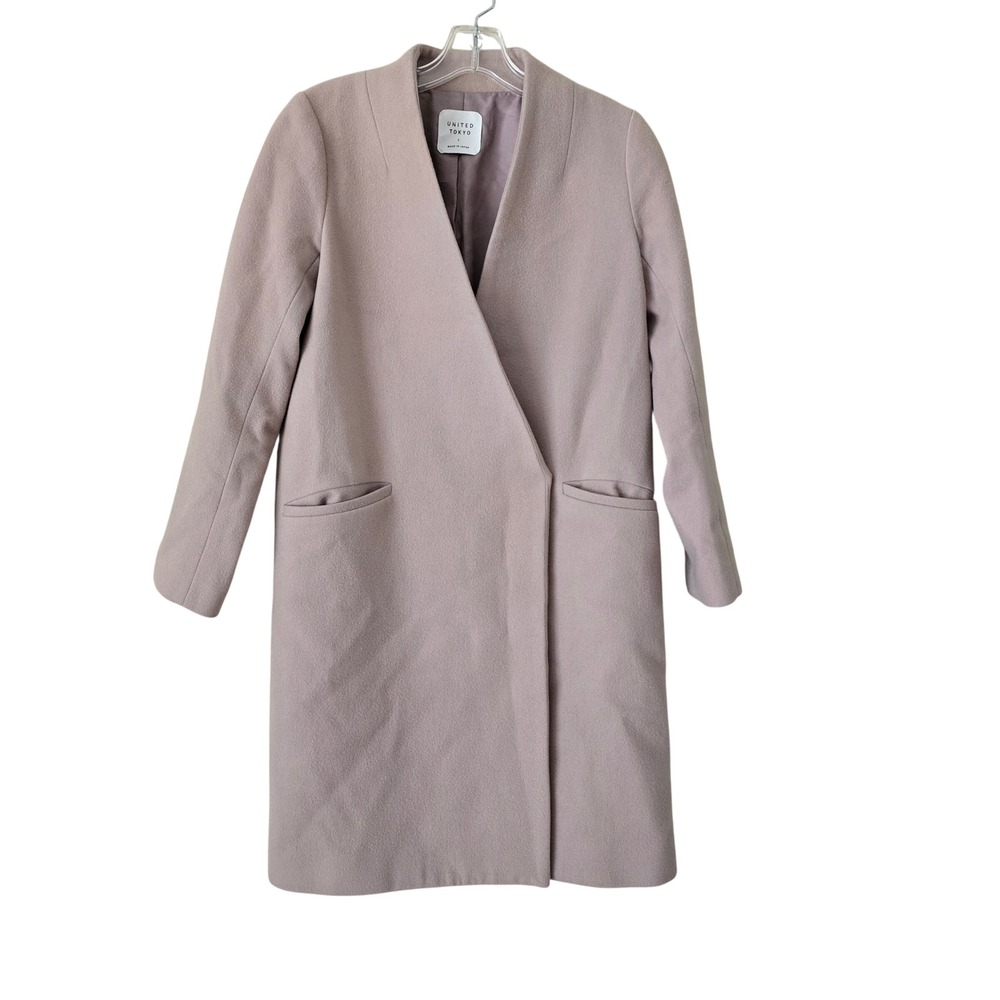 United Tokyo Womens Collarless V-Neck Wool Blend Coat‎ Beige Made in Japan 1